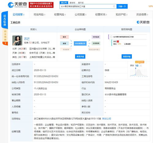 苏芒成立独资商务信息咨询工作室，持股比例100%，进军咨询领域